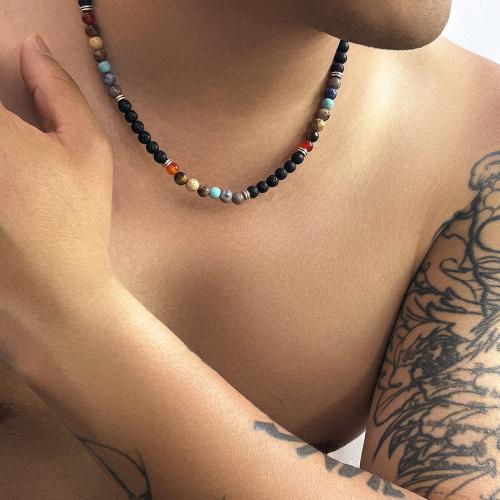 Zinek šperky náhrdelník, s Skleněné korálky & tyrkysový & Láva, s 7.5CM extender řetězce, barva stříbrná á, pro muže, smíšené barvy, Délka 47.5 cm, Prodáno By PC