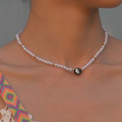 Collar de perlas de plástico, fundición, con Arcilla polimero & Perlas plásticas, con 7.7cm extender cadena, chapado, Joyería, dorado, longitud 38 cm, Vendido por UD