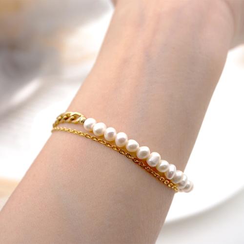 Jewelry Sets Titanium Steel with Freshwater Pearl plated fashion jewelry golden Bracelet length is about 16.5CM+ extension chain 3.5CM anklet length is about 21.5CM+ extension chain 5.5CM Sold By PC