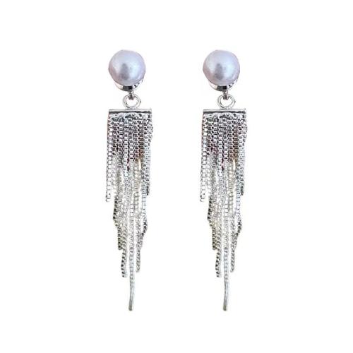 Fashion Fringe Earrings, Tibetan Style, with Plastic Pearl, fashion jewelry & for woman, silver color, Sold By Pair