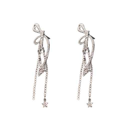 Fashion Fringe Earrings Zinc Alloy Bowknot fashion jewelry & for woman & with rhinestone silver color Sold By Pair