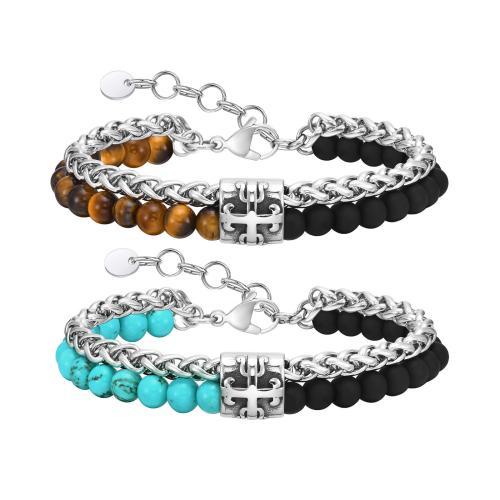 Stainless Steel Jewelry Bracelet 304 Stainless Steel with turquoise & Tiger Eye & Agate Double Layer & fashion jewelry & for man Length Approx 19-22.5 cm Sold By PC