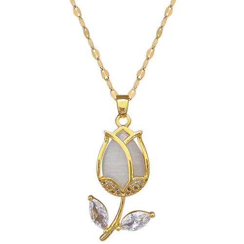 Stainless Steel Jewelry Necklace 304 Stainless Steel Chain with Brass with 5cm extender chain Tulip gold color plated fashion jewelry & micro pave cubic zirconia & for woman Length 40 cm Sold By PC