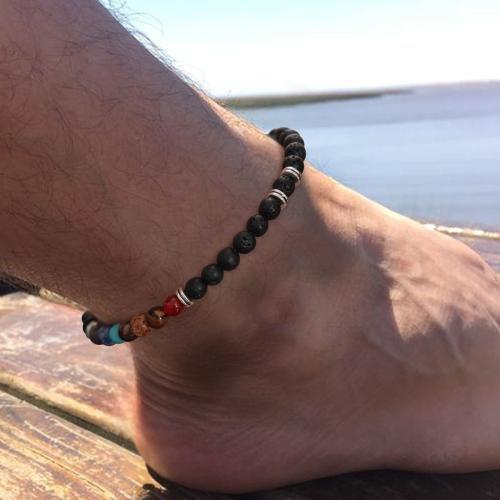 Zinc Alloy Anklet with Glass Beads & turquoise & Lava silver color plated for man mixed colors Length 22 cm Sold By PC