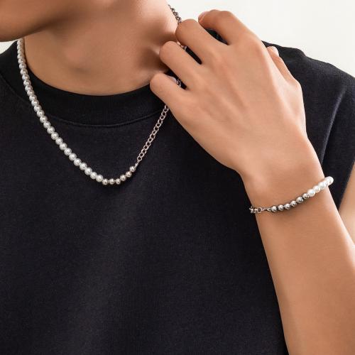 Zinc Alloy Jewelry Sets bracelet & necklace with Plastic Pearl silver color plated for man nickel lead & cadmium free Sold By PC