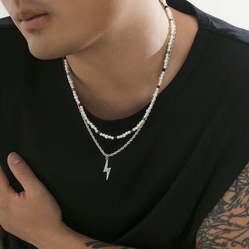 Zinc Alloy Jewelry Necklace with Seedbead Lightning Symbol silver color plated Double Layer & for man & with rhinestone mixed colors nickel lead & cadmium free Sold By PC