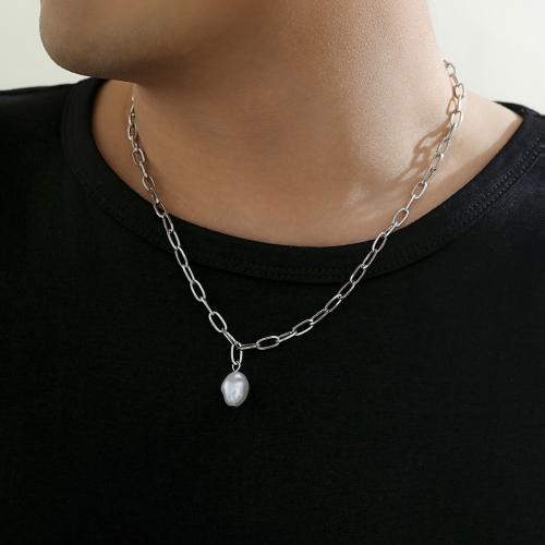 Zinc Alloy Jewelry Necklace with Plastic Pearl silver color plated for man nickel lead & cadmium free Length 45 cm Sold By PC