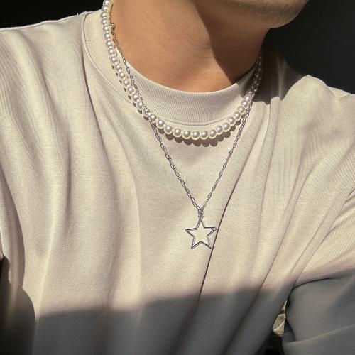 Zinc Alloy Jewelry Necklace with Plastic Pearl Star silver color plated for man white nickel lead & cadmium free Sold By PC