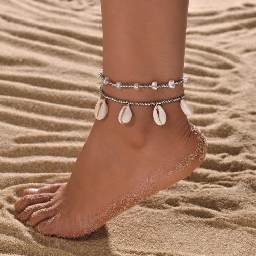 Fashion Jewelry Anklet Iron with Shell & Plastic Pearl plated silver color Sold By Set