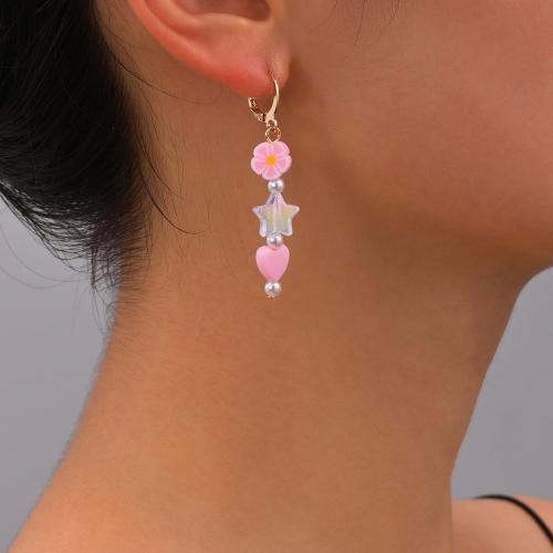 Iron Earring with Resin & Plastic Pearl plated fashion jewelry pink 52mm Sold By Pair