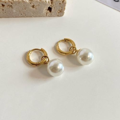 Titanium Staal Earring, met Plastic Pearl, plated, verschillende grootte voor keus & voor vrouw, gouden, 10pC's/Lot, Verkocht door Lot