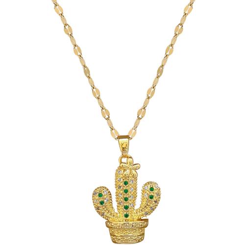 Stainless Steel Jewelry Necklace 304 Stainless Steel Chain with Brass with 5cm extender chain Opuntia Stricta gold color plated fashion jewelry & micro pave cubic zirconia & for woman Length 40 cm Sold By PC