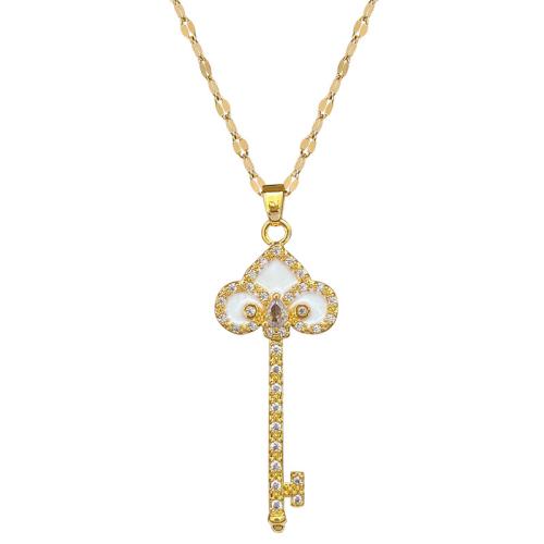 Stainless Steel Jewelry Necklace 304 Stainless Steel Chain with Brass with 5cm extender chain Key gold color plated fashion jewelry & micro pave cubic zirconia & for woman Length 40 cm Sold By PC
