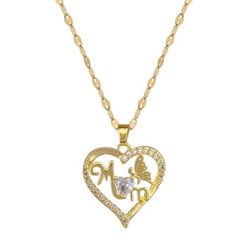 Stainless Steel Jewelry Necklace 304 Stainless Steel Chain with Brass Heart gold color plated fashion jewelry & micro pave cubic zirconia & for woman Length 40 cm Sold By PC