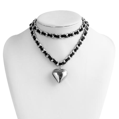 Collar de Aleación de Zinc, con Pana, Corazón, chapado en color de plata, para mujer, Negro, libre de níquel, plomo & cadmio, Vendido por UD