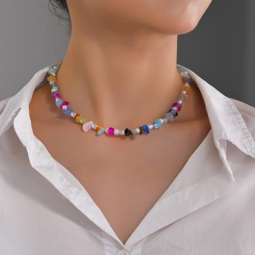Natural Gemstone Necklace with Plastic Pearl & Iron with 7cm extender chain plated fashion jewelry multi-colored Length 38 cm Sold By PC