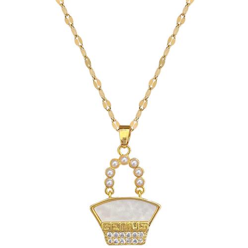 Stainless Steel Jewelry Necklace 304 Stainless Steel Chain with Plastic Pearl & Brass with 5cm extender chain Handbag gold color plated fashion jewelry & micro pave cubic zirconia & for woman Length 40 cm Sold By PC