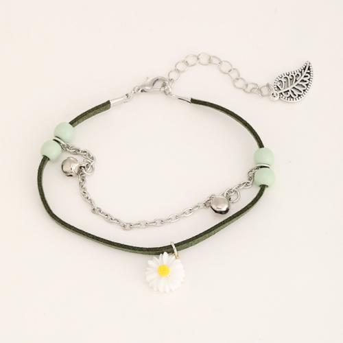 Zinc Alloy Bracelet with Leather & Porcelain & Acrylic plated for woman green Length 23 cm Sold By PC