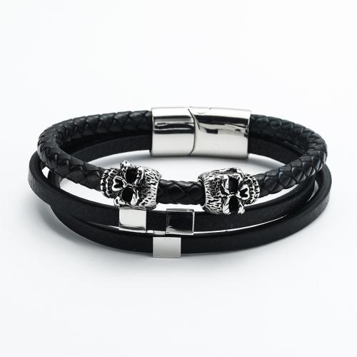 Bracelets cordon PU, cuir PU, avec Acier inoxydable 304, bijoux de mode & pour homme, noire, 22mm, Diamètre intérieur:Environ 65mm, Vendu par PC