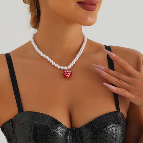 Zinc Alloy Jewelry Necklace with Plastic Pearl Heart gold color plated for woman red nickel lead & cadmium free Sold By PC