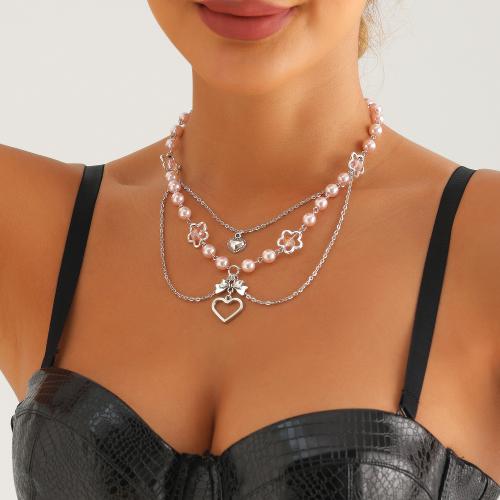 Collar de Aleación de Zinc, con Perlas plásticas, Corazón, chapado en color de plata, para mujer & hueco, Rosado, libre de níquel, plomo & cadmio, Vendido por UD