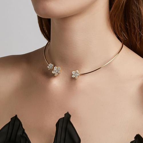Fashion Choker Necklace Brass with Cubic Zirconia Flower plated for woman nickel lead & cadmium free Sold By PC