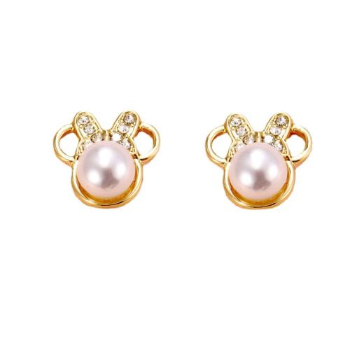 Pendientes de Perno de Aleación de Zinc, con Perlas plásticas, chapado, para mujer & con diamantes de imitación, dorado, Vendido por Par