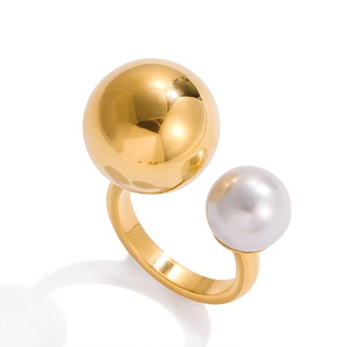 Stainless Steel Finger Ring, 304 Stainless Steel, with Plastic Pearl, plated, fashion jewelry & different styles for choice & for woman, golden, Sold By PC