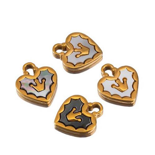 Acier inoxydable Coeur Pendentifs, Acier inoxydable 304, avec coquille blanche, Placage, DIY & différents matériaux pour le choix, doré, 2PC/sac, Vendu par sac