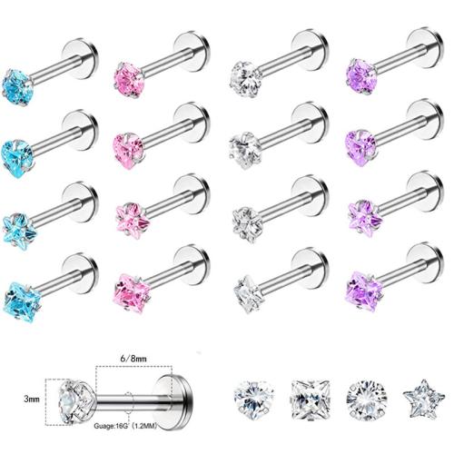 304 Stainless Steel Lip Piercing Stud, Unisex & different styles for choice & micro pave cubic zirconia, Random Color, Sold By PC