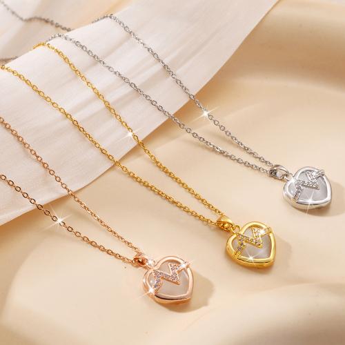 Titanium Steel Necklace, with Cats Eye & Brass, Heart, plated, fashion jewelry & micro pave cubic zirconia & for woman, more colors for choice, Sold By PC