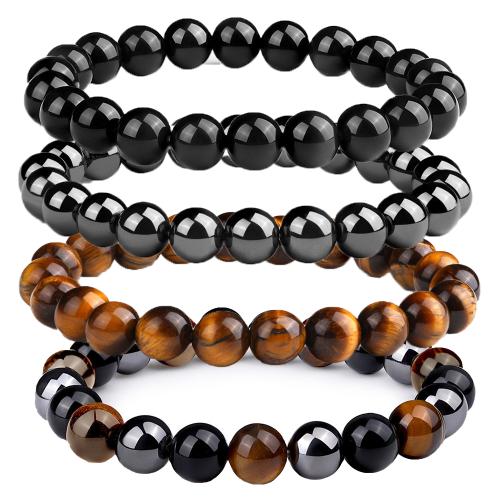 Bracelets de pierres précieuses, Obsidienne, avec fer Rocher & oeil de tigre, Rond, 4 pièces & bijoux de mode & unisexe, couleurs mélangées, 8mm, Vendu par fixé