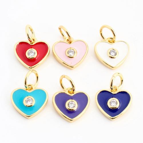 Цирконий Micro Pave латунь подвеска, Латунь, Сердце, плакирован золотом, DIY & инкрустированное микро кубического циркония & эмаль, Много цветов для выбора, 9x9x2mm, продается PC