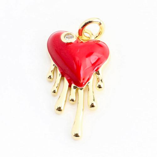 Befestigter Zirkonia Messing Anhänger, Herz, DIY & Micro pave Zirkonia & Emaille, goldfarben, 16x9x3mm, verkauft von PC