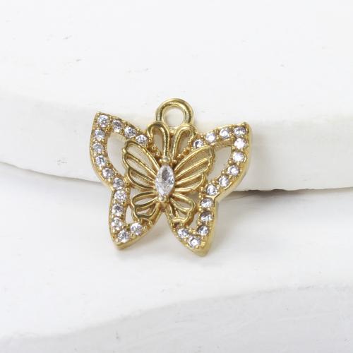 Strass Messing Anhänger, Schmetterling, plattiert, DIY & mit Strass, goldfarben, frei von Nickel, Blei & Kadmium, 13x13x3mm, verkauft von PC