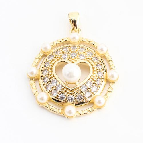 Befestigter Zirkonia Messing Anhänger, mit Kunststoff Perlen, rund, DIY & Micro pave Zirkonia & hohl, goldfarben, 30x24x8mm, verkauft von PC