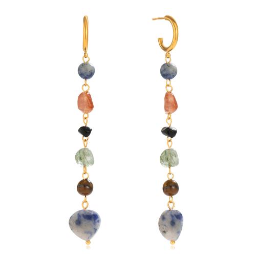 Natural Gemstone Earrings, 304 Stainless Steel, with Natural Stone, 18K gold plated, fashion jewelry & for woman, multi-colored, Sold By PC