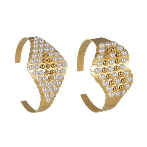 304 Stainless Steel Cuff Bangle, with Plastic Pearl, plated, fashion jewelry & different styles for choice & for woman, golden, Sold By PC