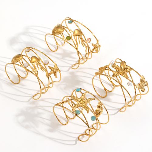 304 Stainless Steel Cuff Bangle, with Cats Eye & Plastic Pearl, plated, fashion jewelry, more colors for choice, Sold By PC