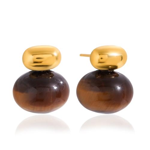 Natural Gemstone Earrings, 304 Stainless Steel, with Tiger Eye, plated, fashion jewelry & for woman, golden, Sold By Pair