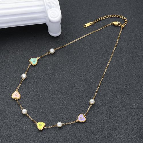 Titanium Steel Necklace with Plastic Pearl gold color plated for woman & enamel & with rhinestone nickel lead & cadmium free Sold By PC