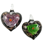 Εσωτερική Λουλούδι Μενταγιόν Lampwork, Γυάλινα, Καρδιά, εσωτερικό λουλούδι, μικτά χρώματα, 29x35x11mm, Τρύπα:Περίπου 6mm, 12PCs/Box, Sold Με Box