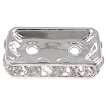 Rhinestone Spacers, Brass, Rectangle, silver color plated, 2-hole & with rhinestone, nickel, lead & cadmium free, 15.50x8x3.50mm, Hole:Approx 1.5mm, 100PCs/Bag, Sold By Bag