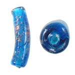 Abalorios de Cristal de Murano con Arena Dorada, Tubo, azul, 14x36x10mm, agujero:aproximado 2mm, 100PCs/Bolsa, Vendido por Bolsa