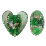 Guld Sand Lampeperler, Lampwork, Heart, grøn, 20x20x13mm, Hole:Ca. 2mm, 100pc'er/Bag, Solgt af Bag