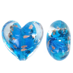 Guld Sand Lampeperler, Lampwork, Heart, blå, 28x27x18mm, Hole:Ca. 2mm, 100pc'er/Bag, Solgt af Bag
