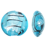 Perles murano feuille d'argent, chalumeau, Plat rond, bleu, 20x10mm, Trou:Environ 2mm, 100PC/sac, Vendu par sac