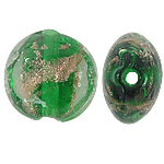 Abalorios de Cristal de Murano con Arena Dorada, Redondo aplanado, verde, 12x8mm, agujero:aproximado 1.5mm, 100PCs/Bolsa, Vendido por Bolsa