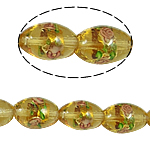 Perles murano feuille d'argent, chalumeau, ovale, jaune d'or, 10x15mm, Trou:Environ 2mm, 100PC/sac, Vendu par sac