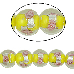 Perles murano feuille d'argent, chalumeau, Rond, Jaune, 12mm, Trou:Environ 2mm, 100PC/sac, Vendu par sac